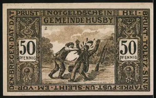 Notgeld Husby 1921, 50 Pfennig, Gerichtstag und kämpfende Männer