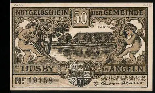 Notgeld Husby, 1921, 50 Pfennig, zwei Kinder am Teich, zwei Männer mit Fass