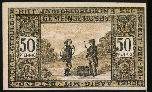 Notgeld Husby, 1921, 50 Pfennig, zwei Kinder am Teich, zwei Männer mit Fass