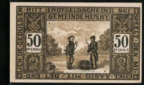 Notgeld Husby, 1921, 50 Pfennig, Zwei Männer mit Fass und Landschaft mit Teich und Engeln