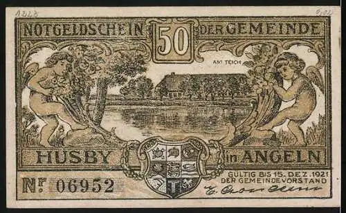 Notgeld Husby, 1921, 50 Pfennig, Zwei Männer mit Fass und Landschaft mit Teich und Engeln