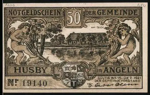 Notgeld Husby 1921, 50 Pfennig, historische Szene mit Bauern und Landschaft, Gültigkeit bis 15. Dezember 1921