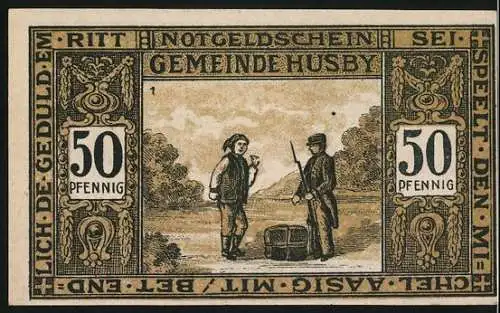 Notgeld Husby 1921, 50 Pfennig, historische Szene mit Bauern und Landschaft, Gültigkeit bis 15. Dezember 1921