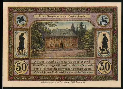 Notgeld Ilmenau 1921, 50 Pfennig, Altes Jagdschloss Gabelbach und Turm auf dem Kickelhahn