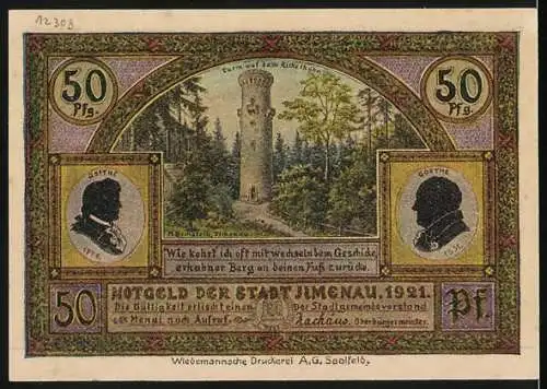 Notgeld Ilmenau 1921, 50 Pfennig, Altes Jagdschloss Gabelbach und Turm auf dem Kickelhahn