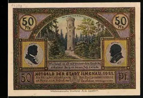 Notgeld Ilmenau 1921, 50 Pfennig, Burg und Landschaftsszene mit Dichterporträts