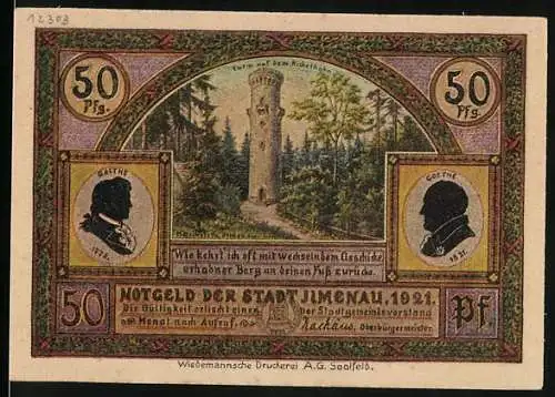 Notgeld Ilmenau 1921, 50 Pfennig, Goethe-Silhouetten und Landschaftsturm