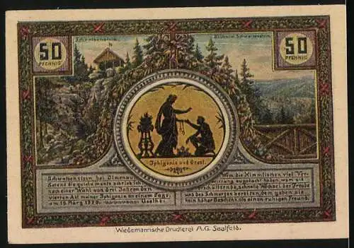 Notgeld Ilmenau 1921, 50 Pfennig, Goethe-Silhouetten und Landschaftsturm