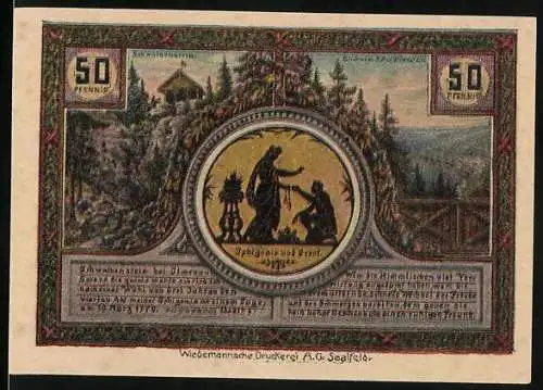 Notgeld Ilmenau 1921, 50 Pfennig, Vorderseite mit Iphigenie und Orest, Rückseite mit Turm und Goethe-Porträts