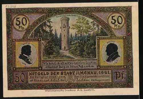 Notgeld Ilmenau 1921, 50 Pfennig, Vorderseite mit Iphigenie und Orest, Rückseite mit Turm und Goethe-Porträts