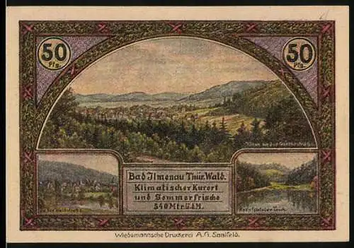 Notgeld Ilmenau 1921, 50 Pfennig, Landschaftsansicht und Wintersportplatz, Wiedemannsche Druckerei