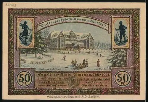 Notgeld Ilmenau 1921, 50 Pfennig, Landschaftsansicht und Wintersportplatz, Wiedemannsche Druckerei