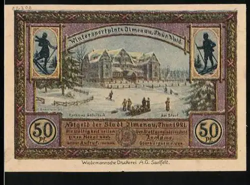 Notgeld Ilmenau, Thüringen 1921, 50 Pfennig, Wintersportplatz und Landschaftsmotive, Wiedemannsche Druckerei A.G. Saalf