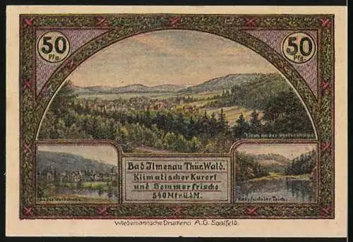 Notgeld Ilmenau, Thüringen 1921, 50 Pfennig, Wintersportplatz und Landschaftsmotive, Wiedemannsche Druckerei A.G. Saalf