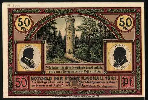 Notgeld Ilmenau 1921, 50 Pfennig, Swallow`s Nest und Goethe-Porträts