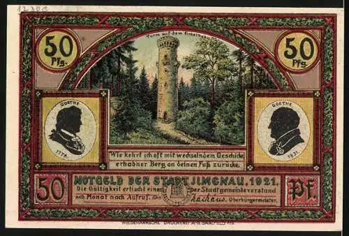 Notgeld Ilmenau, 1921, 50 Pfennig, Goethe und Landschaftsszene mit Gedicht von Wanderers Nachtlied