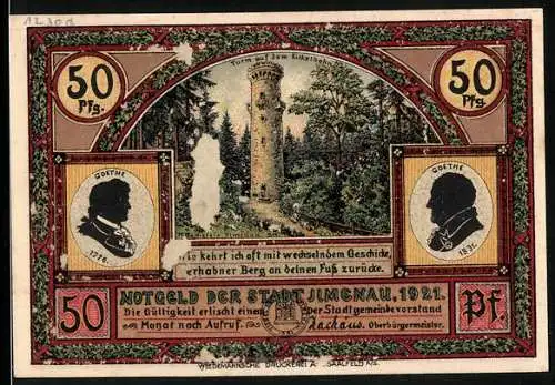 Notgeld Jena, 1921, 50 Pf, Goethe, Turm auf dem Kötschberg und Wanderers Nachtlied