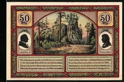 Notgeld Ilmenau, 1921, 50 Pfennig, Goethe und Landschaftsmotive, Hermannstein und Kickelhahn-Turm