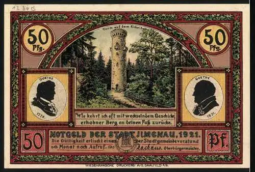 Notgeld Ilmenau, 1921, 50 Pfennig, Goethe und Landschaftsmotive, Hermannstein und Kickelhahn-Turm