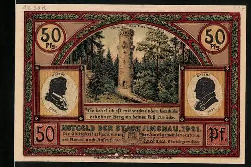 Notgeld Ilmenau, 1921, 50 Pfennig, Turm auf dem Kickelhahn und Marktplatz zu Ilmenau