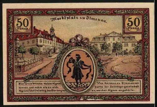 Notgeld Ilmenau, 1921, 50 Pfennig, Turm auf dem Kickelhahn und Marktplatz zu Ilmenau