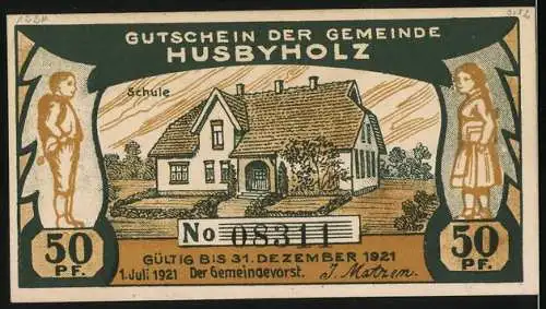 Notgeld Husbyholz 1921, 50 Pfennig, Zwei Männer mit Fahnen und ein Gebäude mit Text