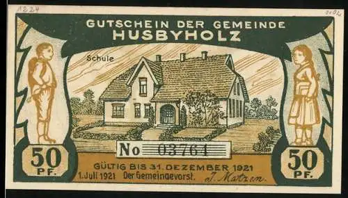 Notgeld Husbyholz, 1921, 50 Pf, Schule und Menschen mit Flaggen