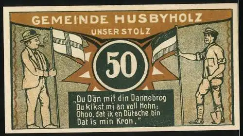 Notgeld Husbyholz, 1921, 50 Pf, Schule und Menschen mit Flaggen