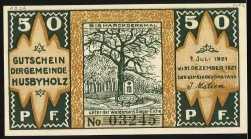 Notgeld Husbyholz, 1921, 50 Pfennig, Gemeinde Husbyholz mit Gasthaus und Marschierenden, Bismarckdenkmal