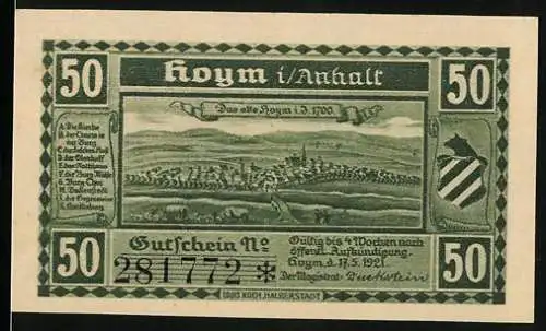 Notgeld Hoym i/ Anhalt, 1921, 50 Mark, Stadtansicht mit Wappen und historische Szene