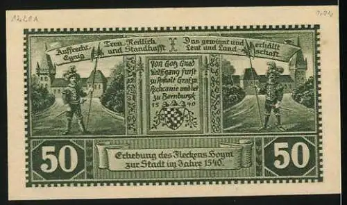 Notgeld Hoym i/ Anhalt, 1921, 50 Mark, Stadtansicht mit Wappen und historische Szene