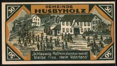 Notgeld Husbyholz 1921, 50 Pf, Bismarckdenkmal und Ortsansicht