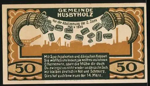 Notgeld Husbyholz 1921, 50 Pf, Mühle und Abstimmung der 2. Zone März 1920