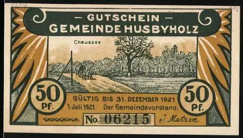 Notgeld Husbyholz, 1921, 50 Pf, Landschaft und Jugend auf Bergweg