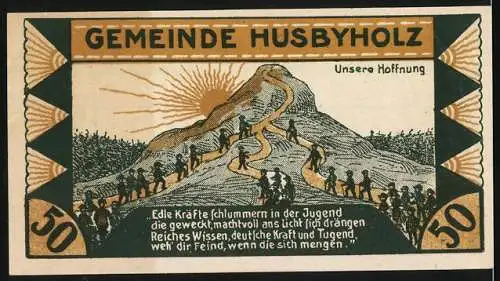 Notgeld Husbyholz, 1921, 50 Pf, Landschaft und Jugend auf Bergweg