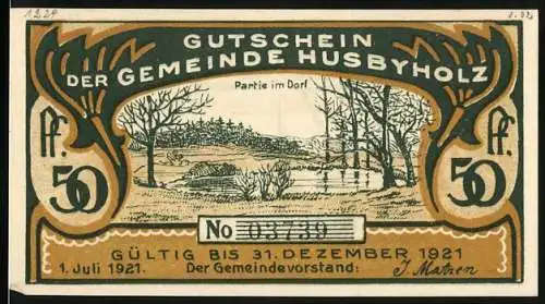 Notgeld Husbyholz, 1921, 50 Pfennig, Landschaft und Ausverkauf-Motiv