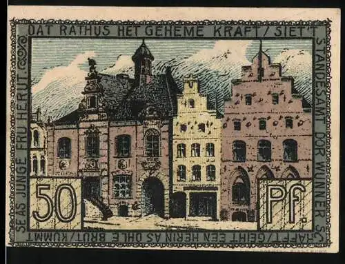 Notgeld Husum, 1921, 50 Pfennig, Stadtansicht mit Rathaus und Gebäude, Gutschein der Stadt Husum