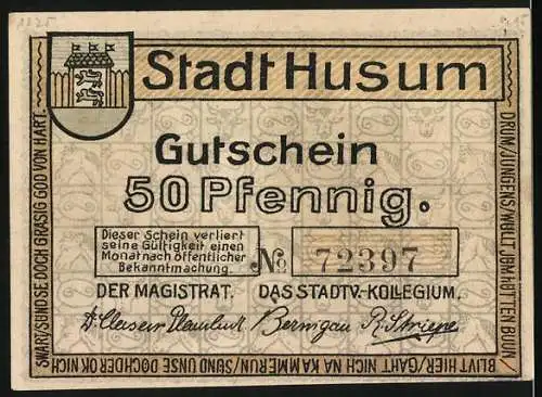 Notgeld Husum, 1921, 50 Pfennig, Stadtansicht mit Rathaus und Gebäude, Gutschein der Stadt Husum