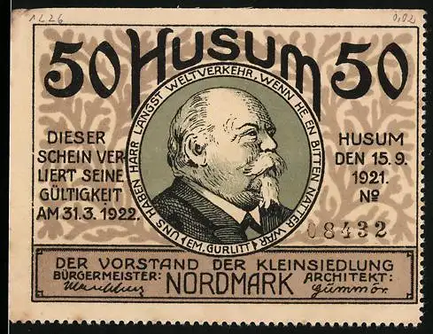 Notgeld Husum, 1921, 50 Pf, Porträt und Stadtansicht mit Schiff und Gebäuden