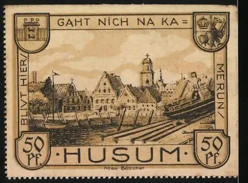 Notgeld Husum, 1921, 50 Pf, Porträt und Stadtansicht mit Schiff und Gebäuden