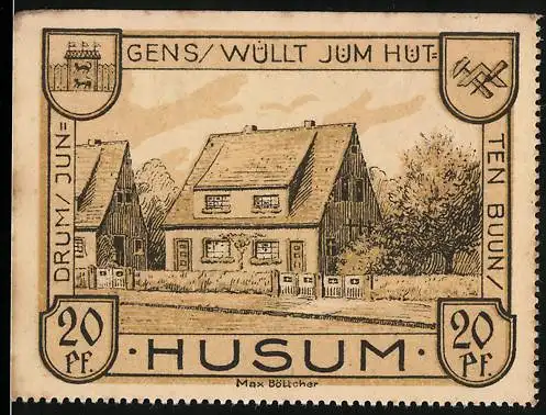 Notgeld Husum, 1921, 20 Pf, Haus mit Garten und Kirche, Gültig bis 31.03.1922