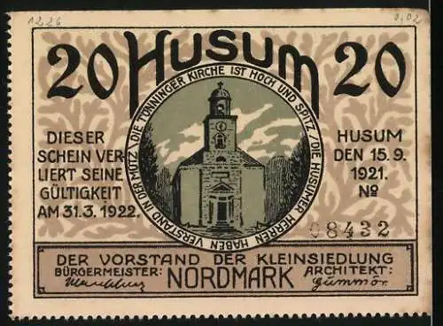 Notgeld Husum, 1921, 20 Pf, Haus mit Garten und Kirche, Gültig bis 31.03.1922