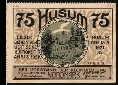 Notgeld Husum, 1921, 75 Pfennig, Vorderseite mit Gebäude und Text, Rückseite mit Landschaftsbild und Text