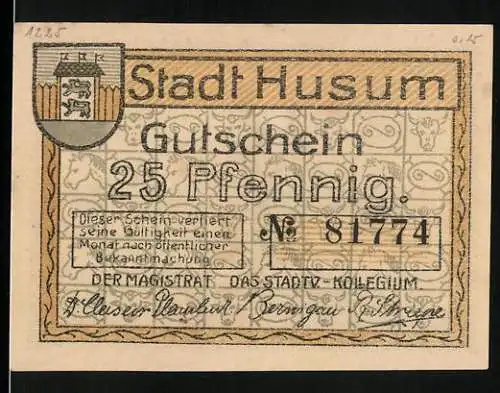 Notgeld Husum, 1925, 25 Pfennig, Gutschein mit Stadtansicht und Frauenfigur