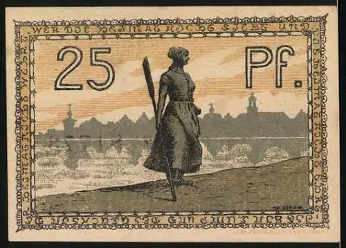 Notgeld Husum, 1925, 25 Pfennig, Gutschein mit Stadtansicht und Frauenfigur