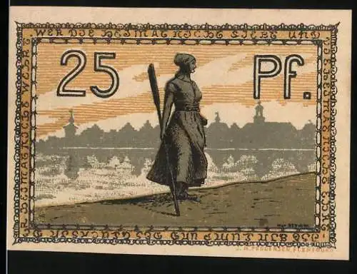 Notgeld Husum, 1921, 25 Pfennig, Frau mit Stock und Stadtansicht im Hintergrund