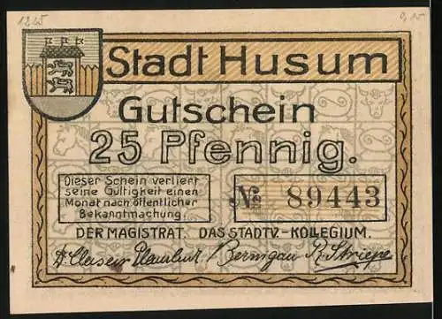 Notgeld Husum, 1921, 25 Pfennig, Frau mit Stock und Stadtansicht im Hintergrund