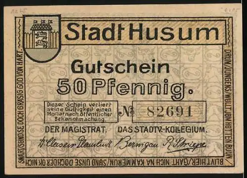 Notgeld Husum, 50 Pfennig, Rathaus und Stadtwappen, Nr. 82691