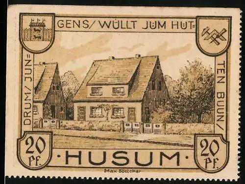 Notgeld Husum, 1921, 20 Pf, Wohnhäuser und Kirche, Gültigkeit bis 31.3.1922