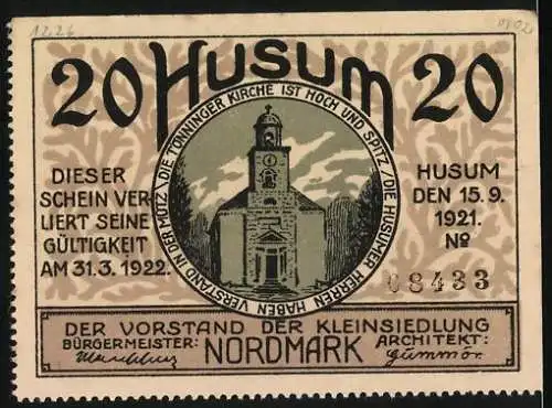 Notgeld Husum, 1921, 20 Pf, Wohnhäuser und Kirche, Gültigkeit bis 31.3.1922